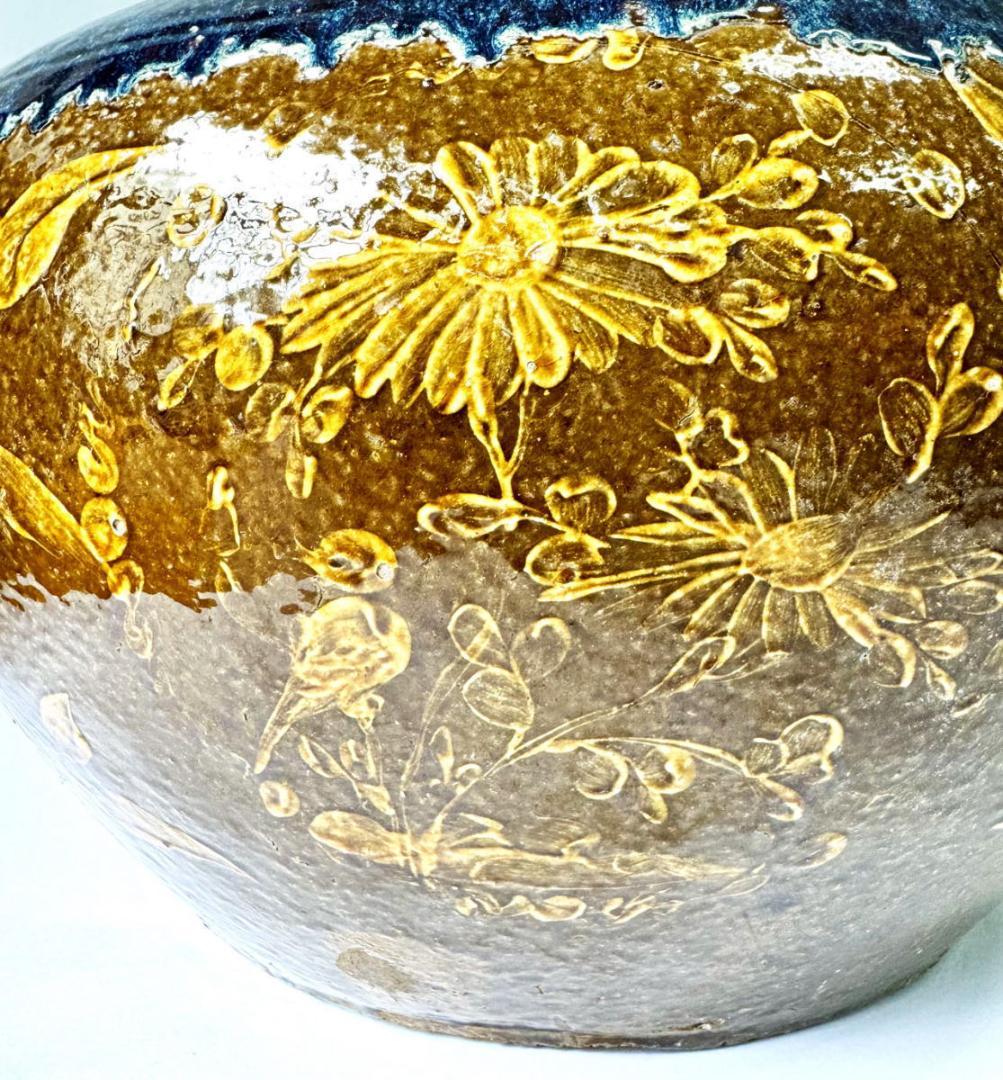 清時代 乾隆・嘉慶年間葛明祥造特注品 海鼠釉黄釉花鳥文火鉢 特大WWTT152