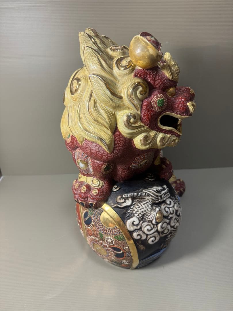 2201  九谷焼 須栄義 金彩 龍文　唐獅子 縁起物 置物