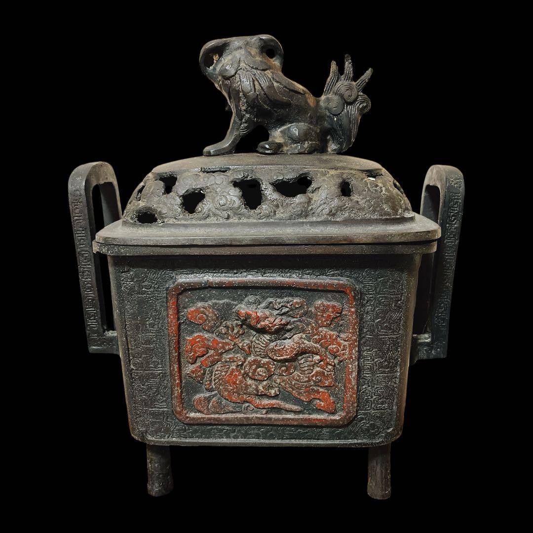 大日本文政年整珉 銅製 獅子摘み 耳付 香炉 香道具獅子 村田整珉