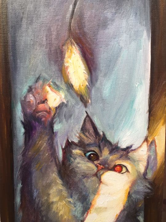 猫 猫じゃらし 油絵 油彩手描き 原画 オリジナル