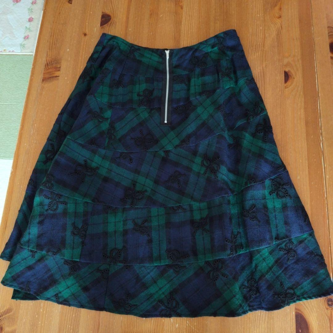 トリココムデギャルソン リボン刺繍チェックフレアースカート AD2017