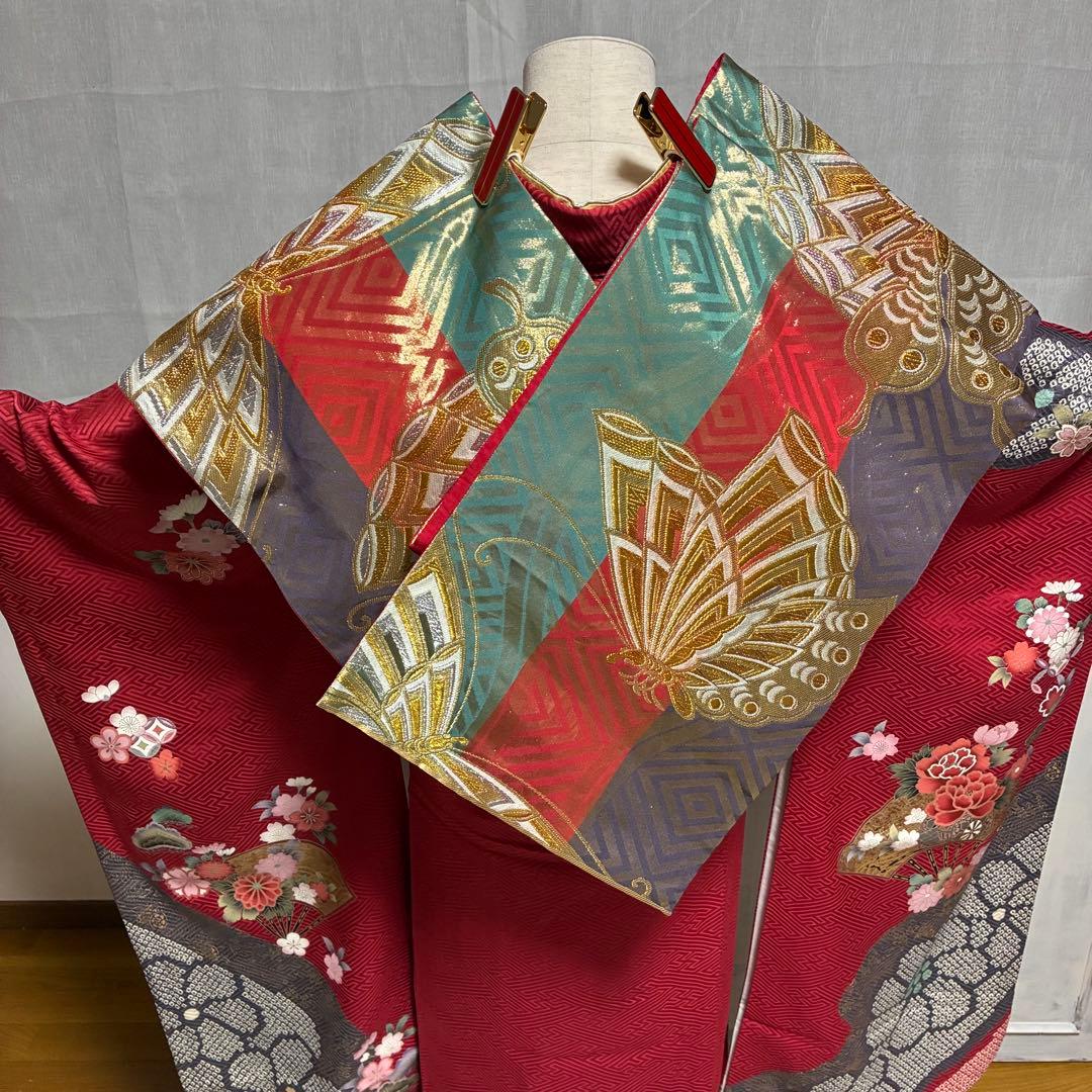 ⁂なお様⁂【振袖フルセット】 +小物・肌襦袢セット 赤 扇花柄 金駒刺繍