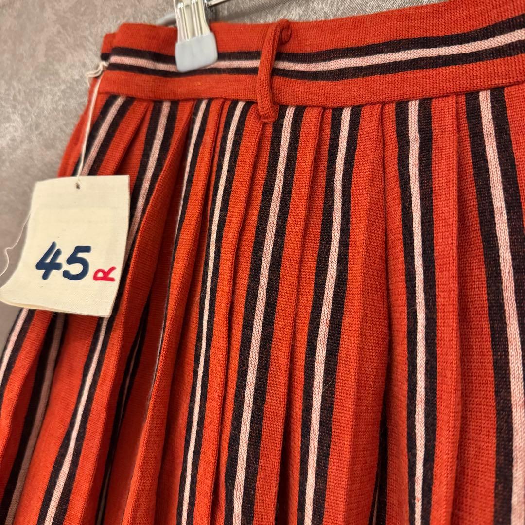 【45R】赤ニット ストライプ プリーツスカート(サイズ2)