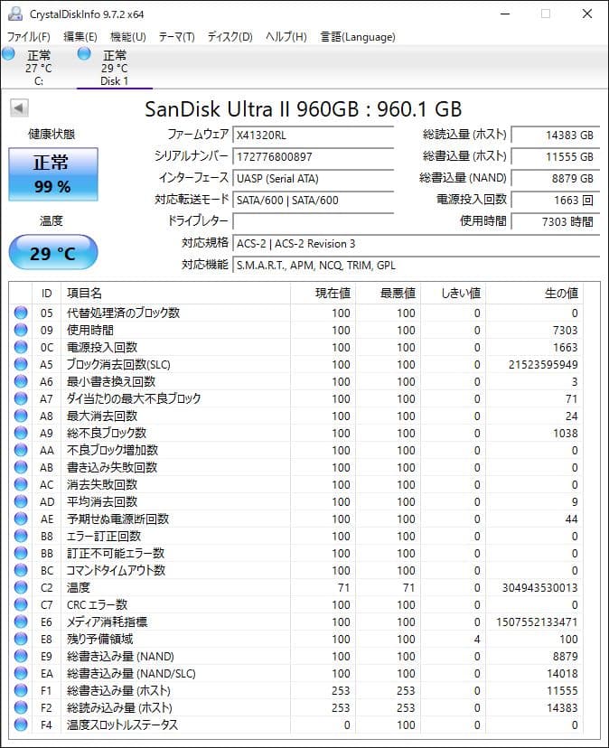 【特価】SanDisk UltraⅡ SSD 960GB 健康度99%