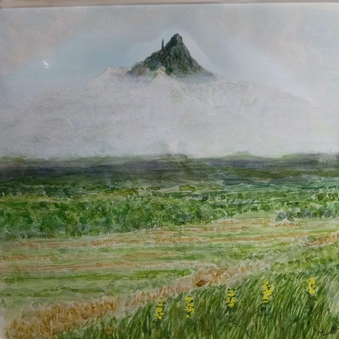 85..月見草と夏の利尻富士、水彩画 山と風景 フレーム付き、１０号