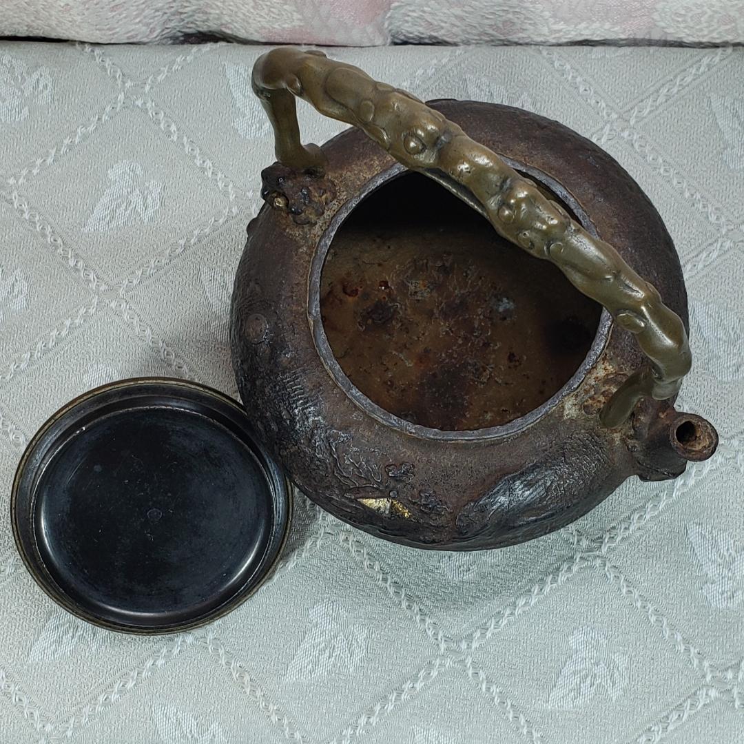 ◆『亀文堂 胴横銘 正平造 月下楼閣山水図 鉄瓶』波多野正平◆検）龍文堂 金寿堂