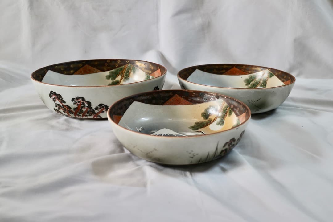 古九谷 九谷焼 三ツ鉢 三ツ丼 三重鉢 重ね鉢 深鉢 鶴松図 富士 色絵