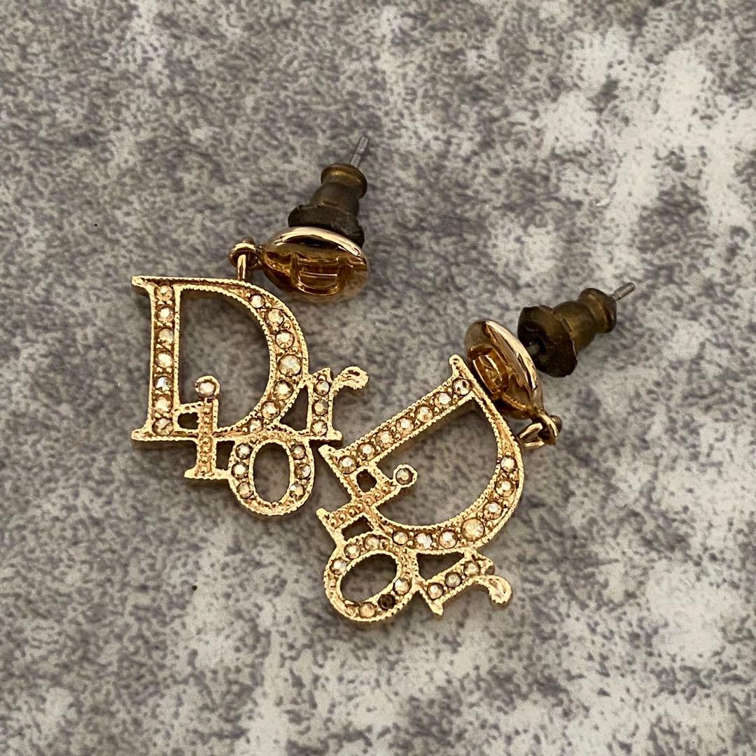 DIOR ディオール　ピアス　ラインストーン　ロゴ　ゴールド