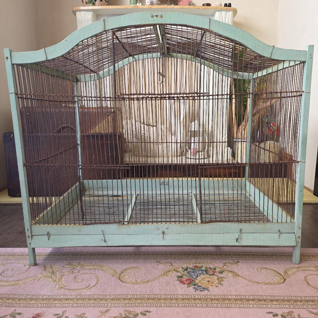 フランスアンティーク　エメラルドグリーン　アーチ　木製　バードゲージ　大型