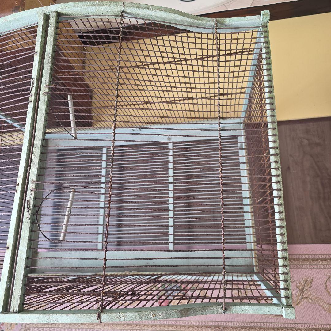 フランスアンティーク　エメラルドグリーン　アーチ　木製　バードゲージ　大型