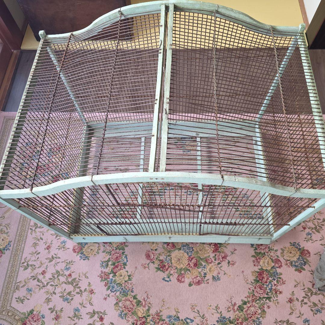 フランスアンティーク　エメラルドグリーン　アーチ　木製　バードゲージ　大型