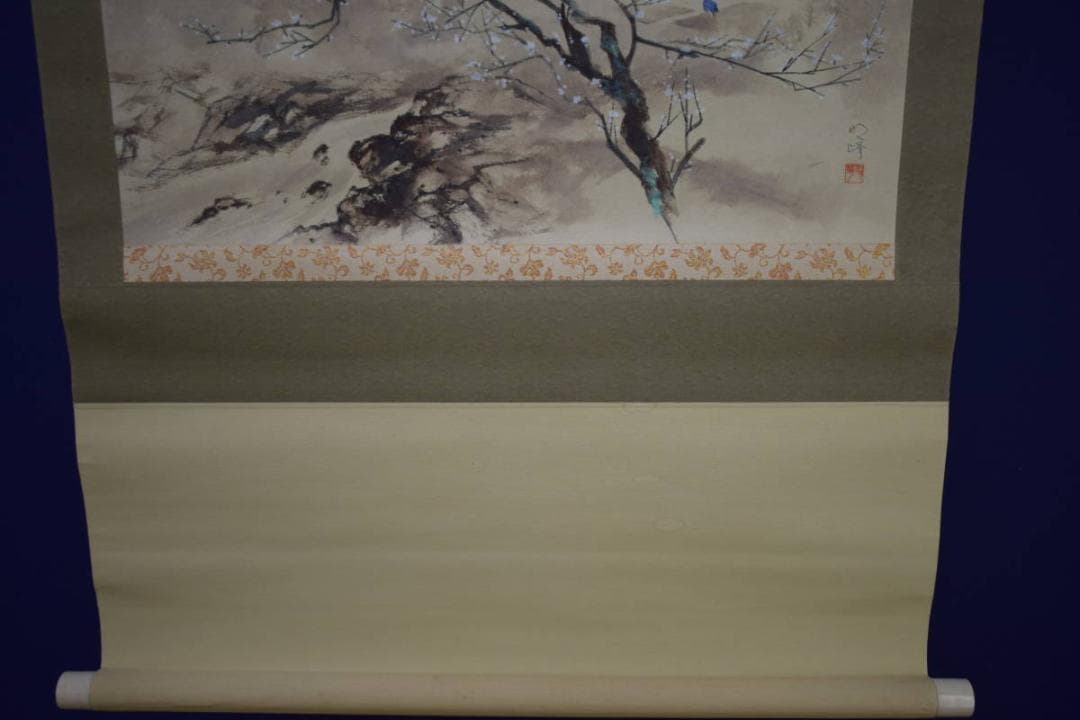 真作/明峰/桜/山水人物図/布袋屋掛軸HJ-11