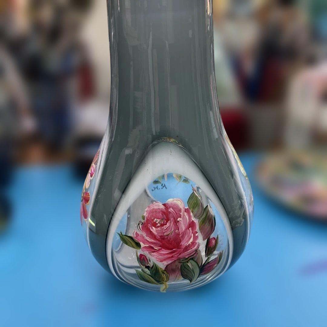 手描き花柄ガラス花瓶