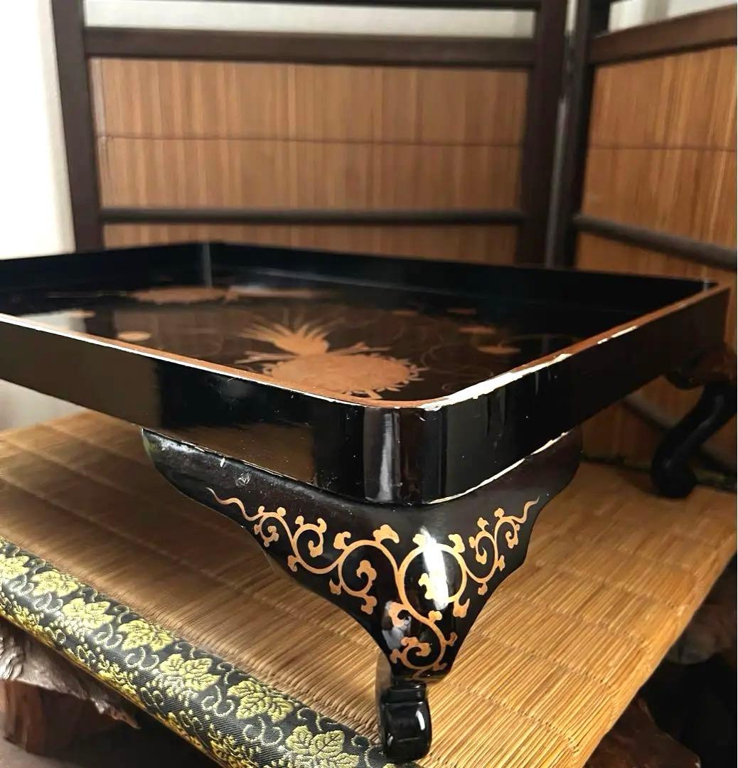 時代 金彩 蒔絵 祝い膳 黒塗り 裏 梨地 膳台