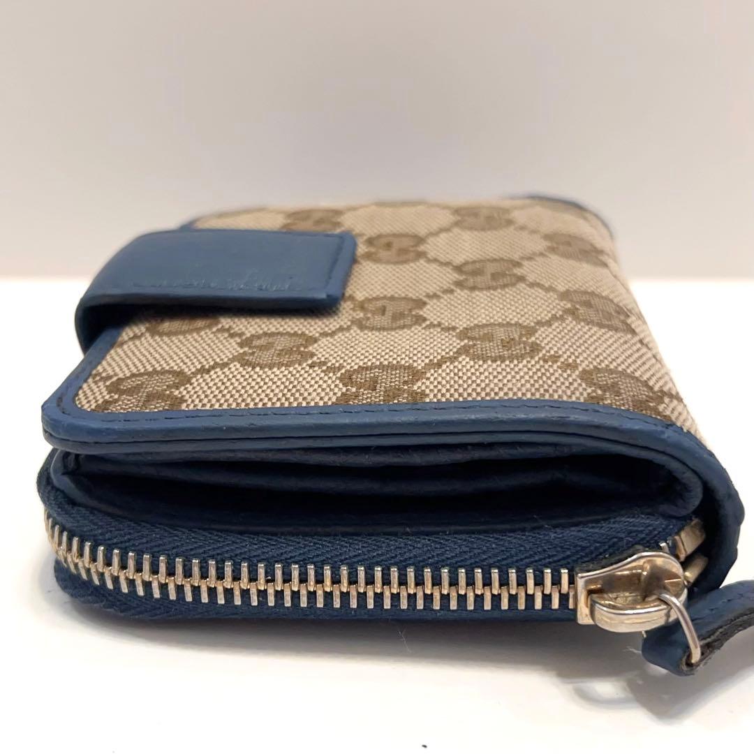 グッチ 折り財布 GGキャンバス GG ラウンドファスナー コンパクト ブルー