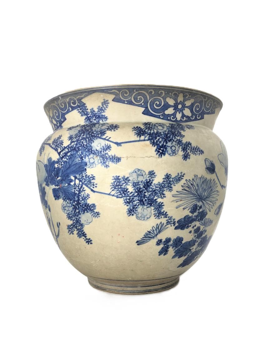 【 瀬戸染付草花文水鉢 】　目跡１０個　江戸期瀬戸焼