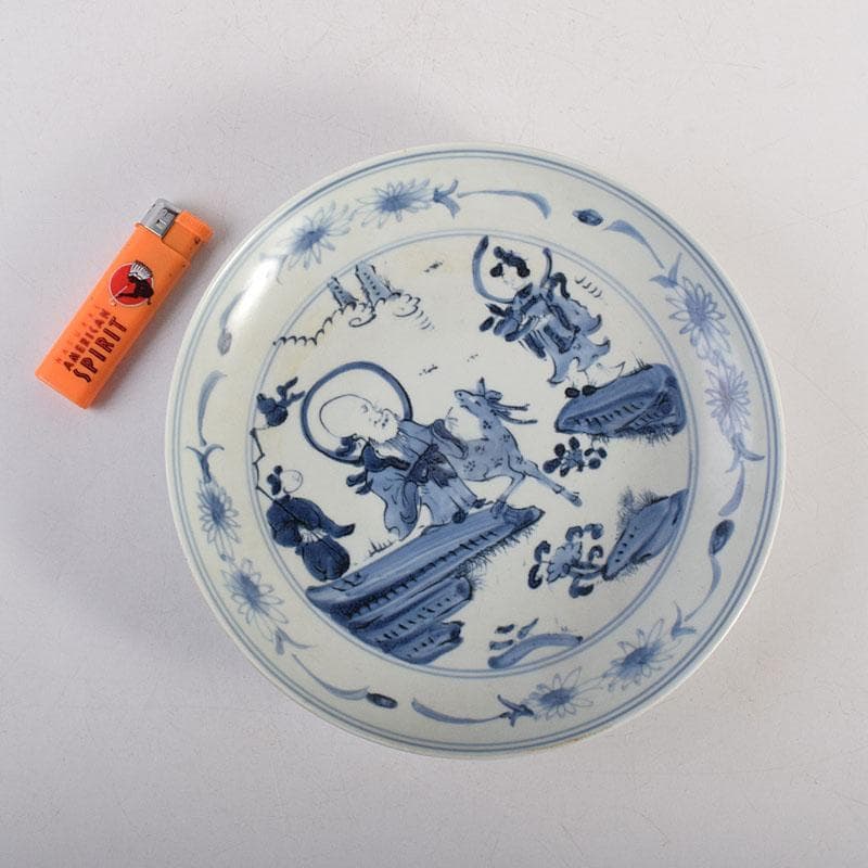 中国　天啓年製　青花　山水人物文盤　皿　V　R8823
