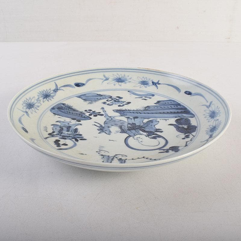 中国　天啓年製　青花　山水人物文盤　皿　V　R8823