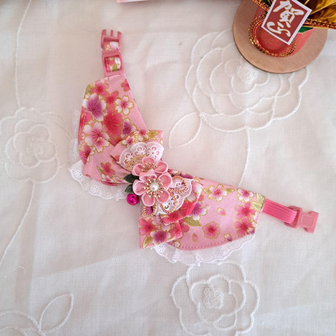 プッチ、お正月仕様和風つまみ細工(ピンク⑤)わんちゃん猫ちゃん用襟つき首輪