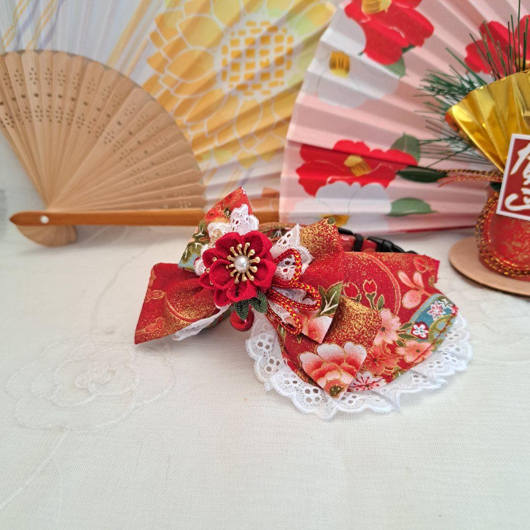 プッチ、お正月仕様和風つまみ細工(ピンク⑤)わんちゃん猫ちゃん用襟つき首輪