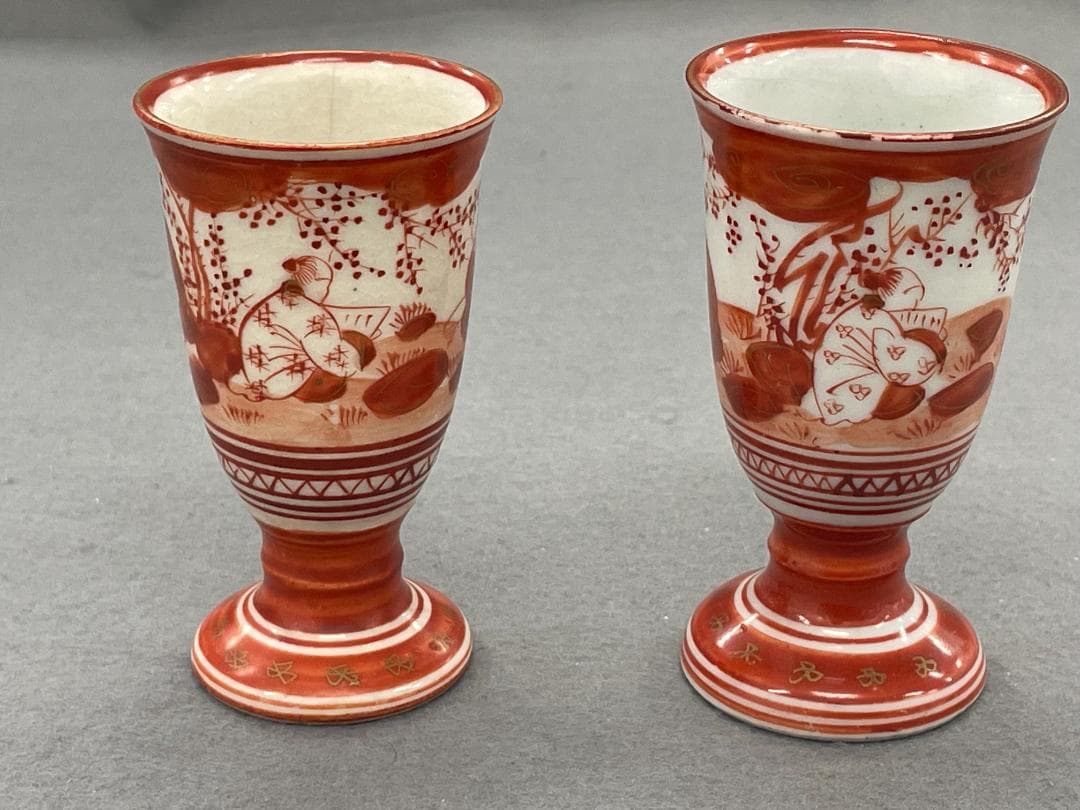 九谷焼 赤絵盃 酒盃 馬上杯 人物文人 幕末明治 2客