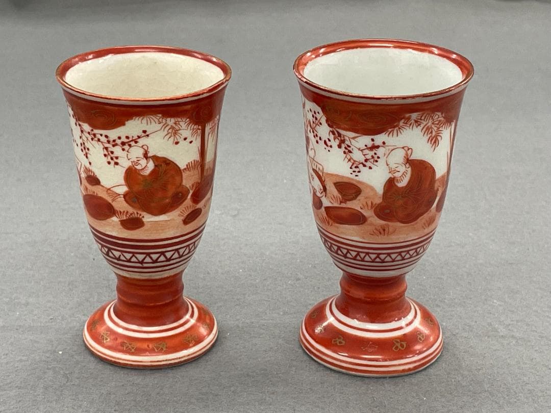 九谷焼 赤絵盃 酒盃 馬上杯 人物文人 幕末明治 2客