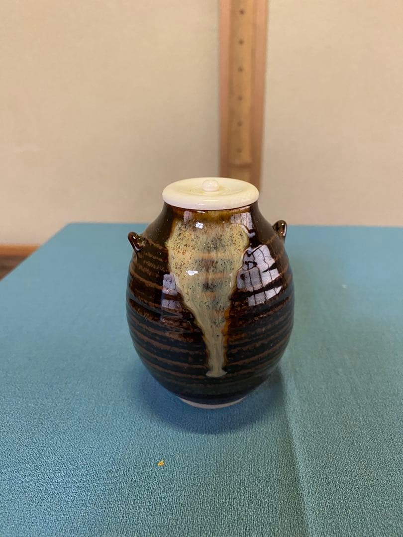 ⭐️本日限定⭐️古膳所写耳付茶入 陽炎園(岩崎新定) 遠州市松宝 西陣織 共箱