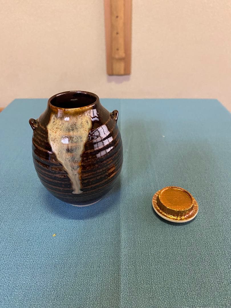 ⭐️本日限定⭐️古膳所写耳付茶入 陽炎園(岩崎新定) 遠州市松宝 西陣織 共箱