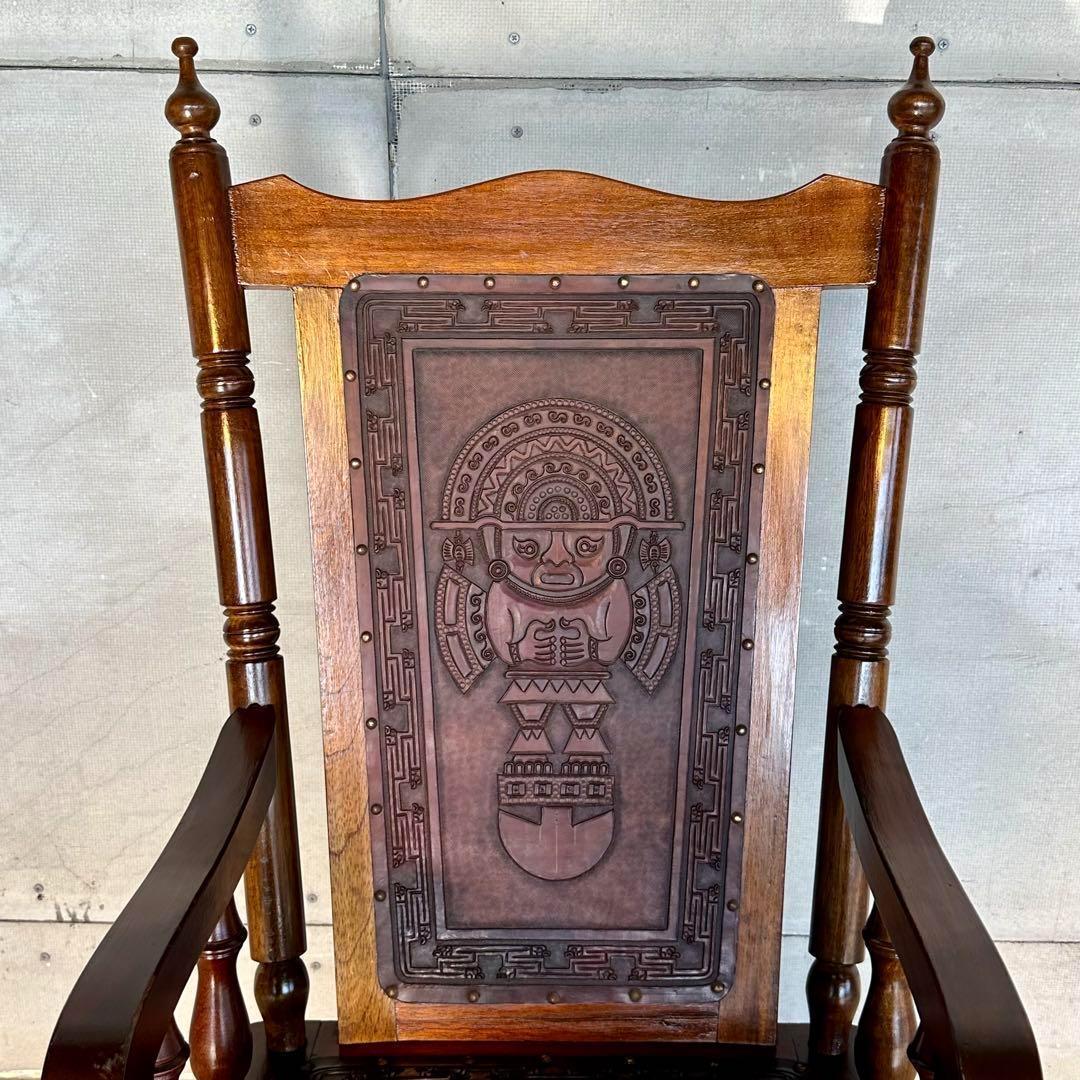 ✦ レトロ アンティーク調ロッキングチェア ✦ 木製×レザー 彫刻装飾ビンテージ