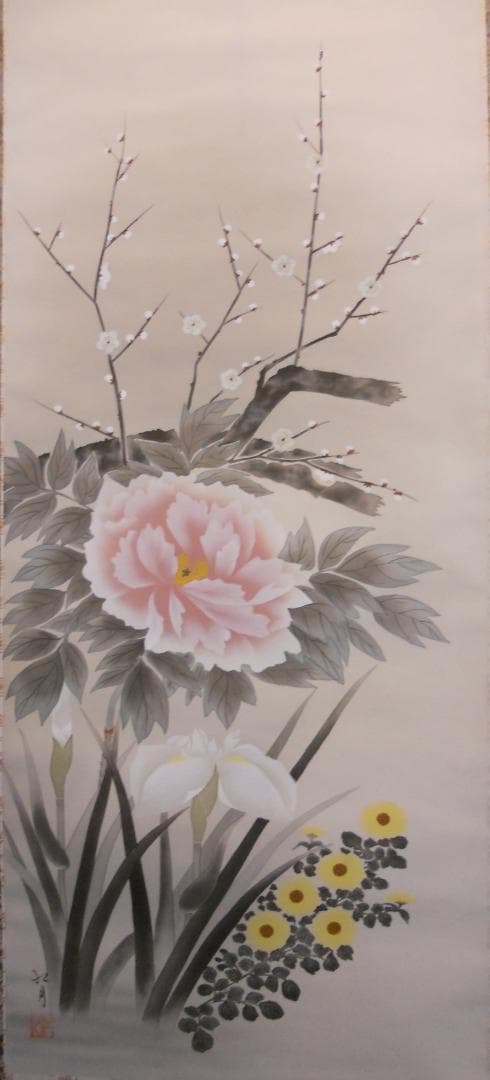 掛け軸 小泉紅月 四季草花 絹本 希少 軸装 茶道具 掛軸 美品 です。