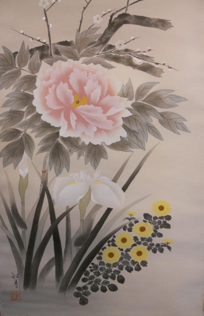 掛け軸 小泉紅月 四季草花 絹本 希少 軸装 茶道具 掛軸 美品 です。