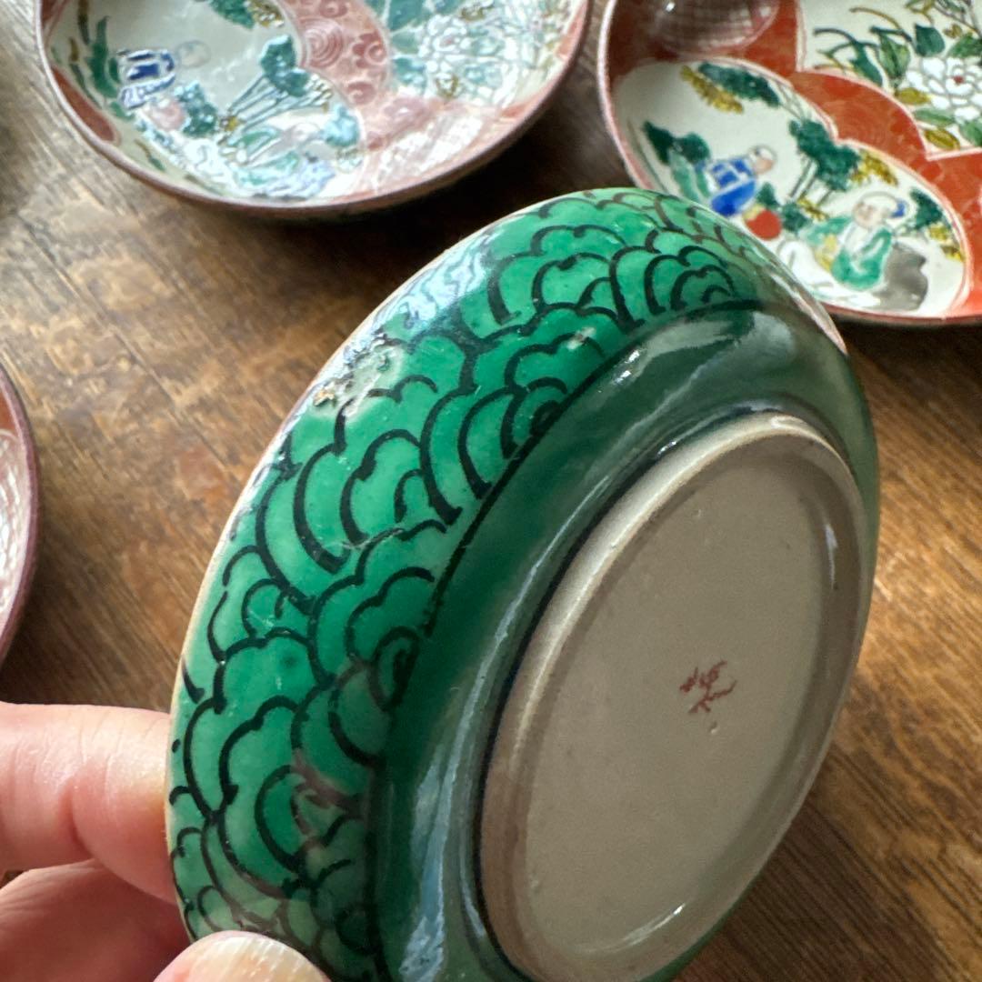 時代 青九谷 【九谷庄三】 窓絵花人物文小皿 5客組　K317