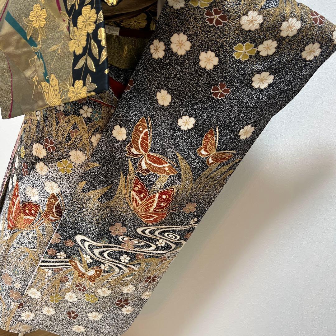 356 振袖フルセット 正絹 グレー 黒モノトーン 金彩 たたき染め シック