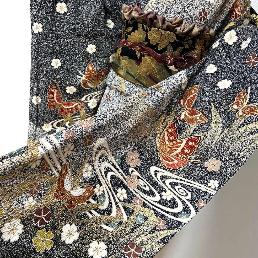 356 振袖フルセット 正絹 グレー 黒モノトーン 金彩 たたき染め シック