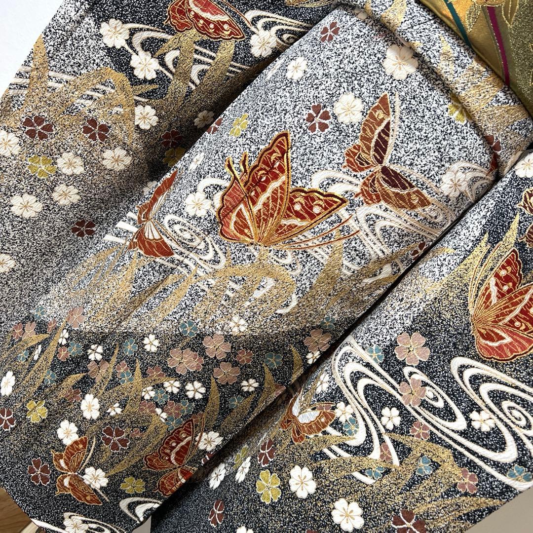 356 振袖フルセット 正絹 グレー 黒モノトーン 金彩 たたき染め シック