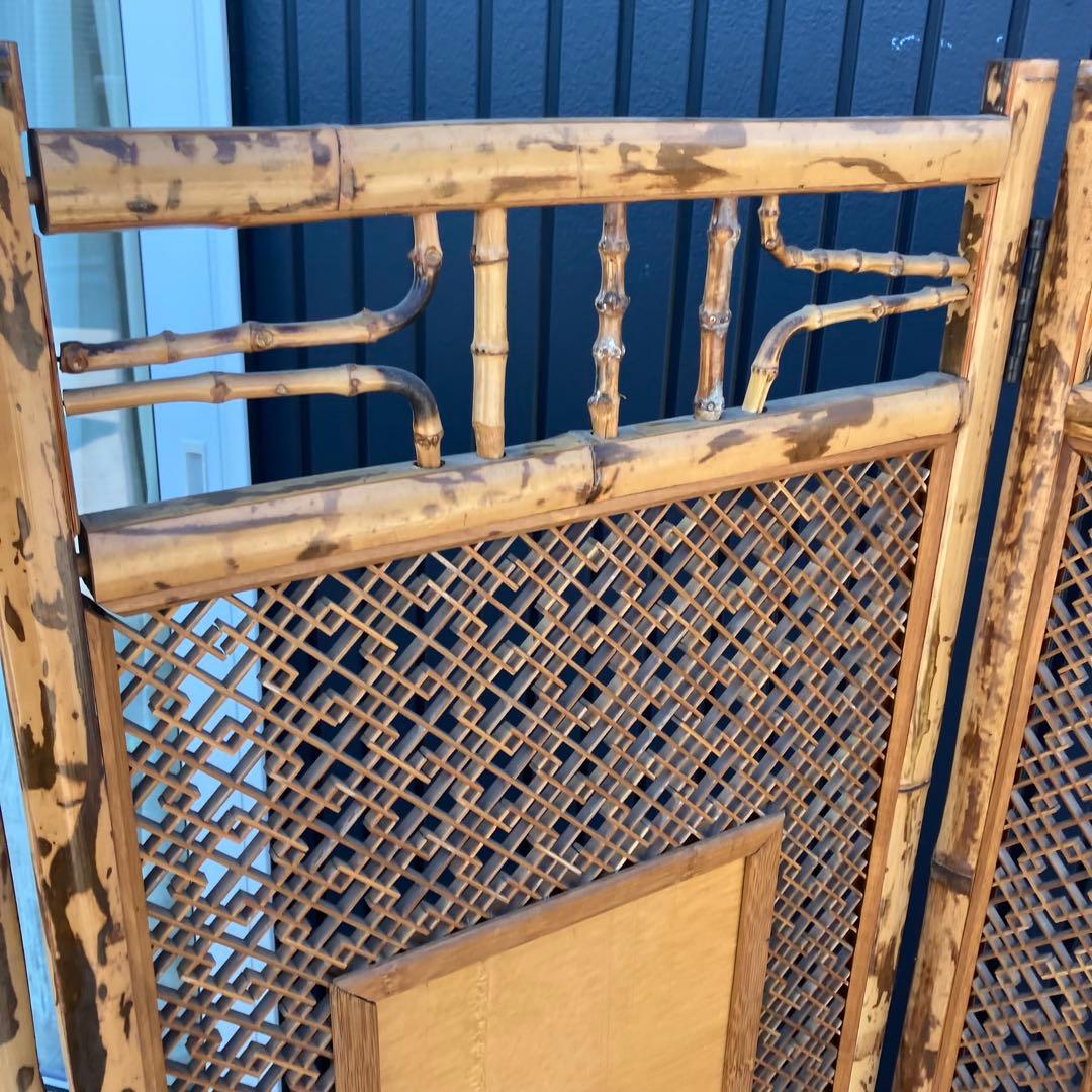 昭和レトロ 竹製格子型屏風 日本画 春夏秋冬草花 4枚 パーテーション 衝立