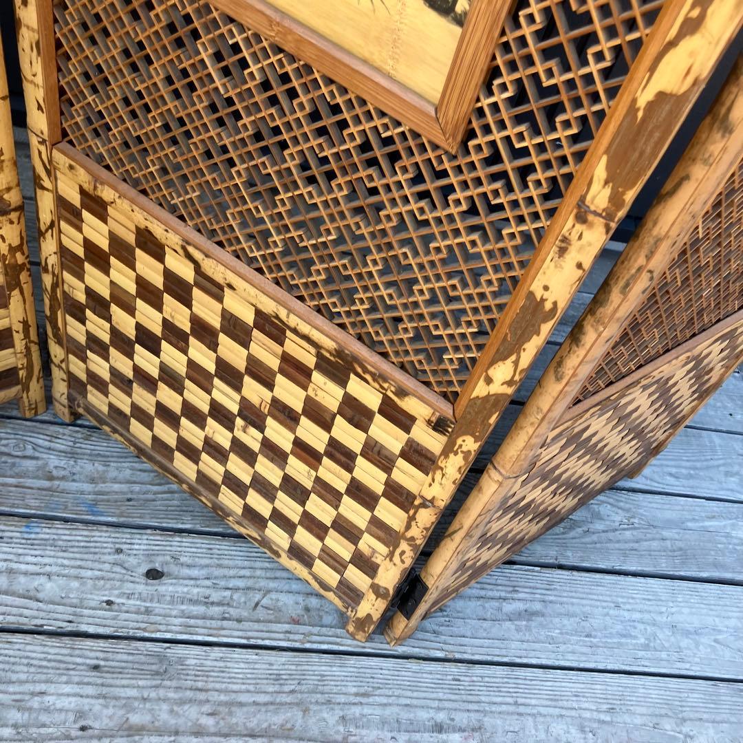 昭和レトロ 竹製格子型屏風 日本画 春夏秋冬草花 4枚 パーテーション 衝立