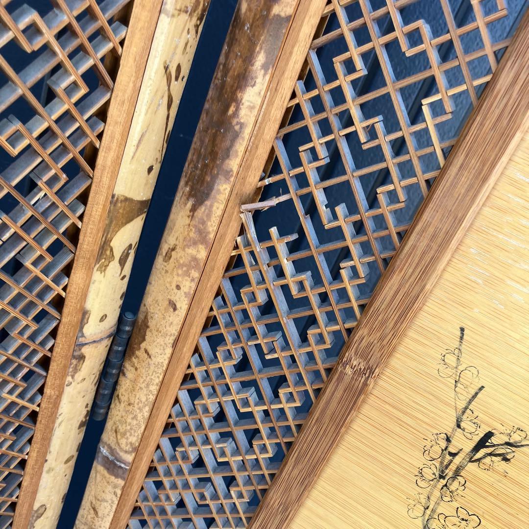 昭和レトロ 竹製格子型屏風 日本画 春夏秋冬草花 4枚 パーテーション 衝立