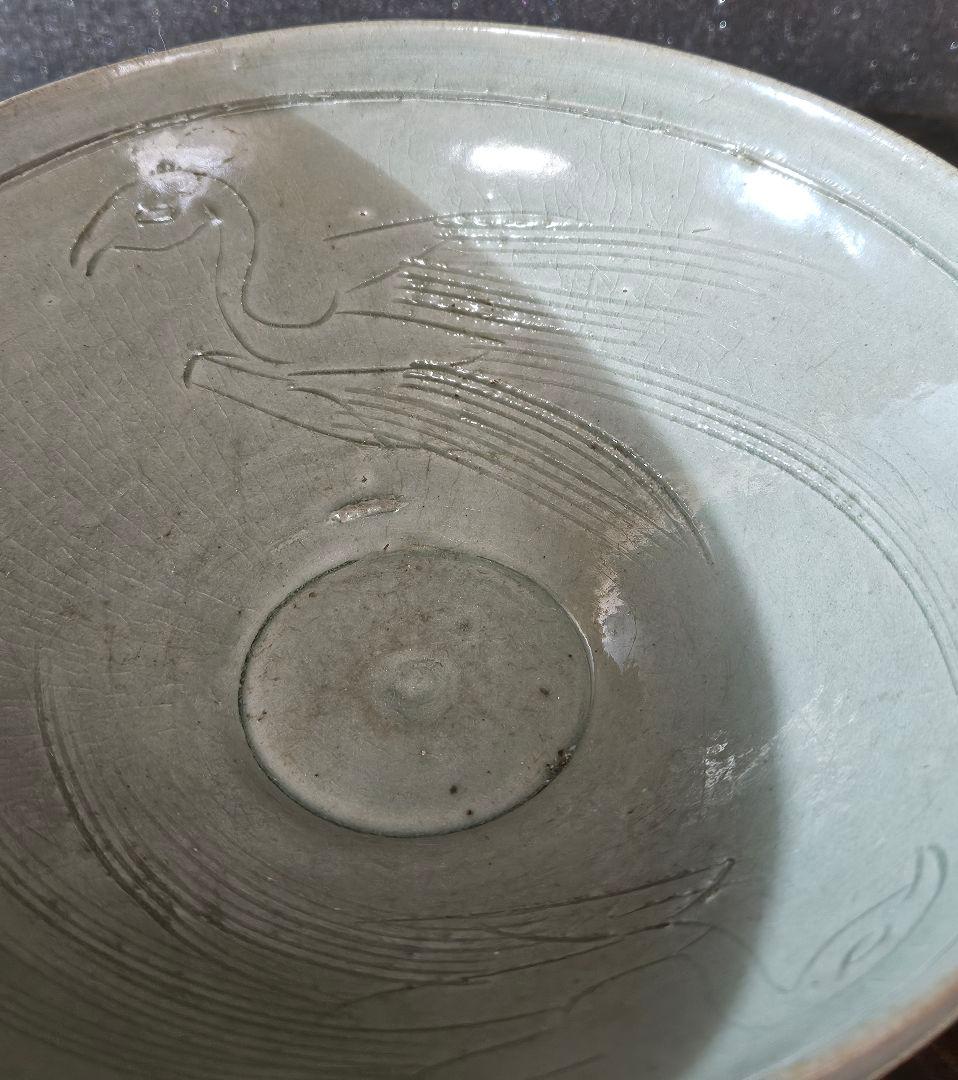【本物保証❗】李氏朝鮮時代　李朝青磁　陰刻　双鳳凰文　鉢　菓子鉢　径19.5cm