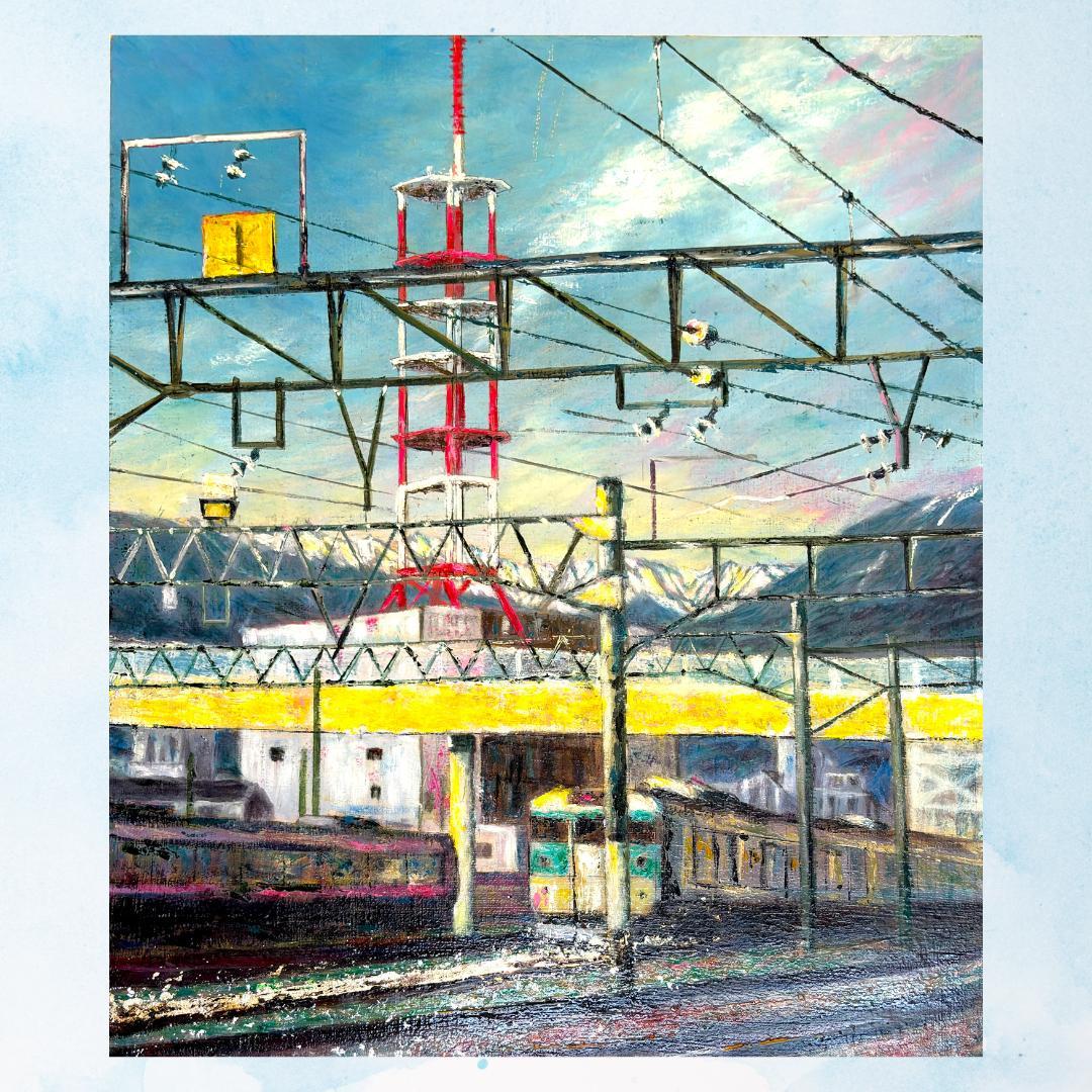 風景画「山間を走る列車」　鉄道風景 北アルプス 油彩画 印象派風 山