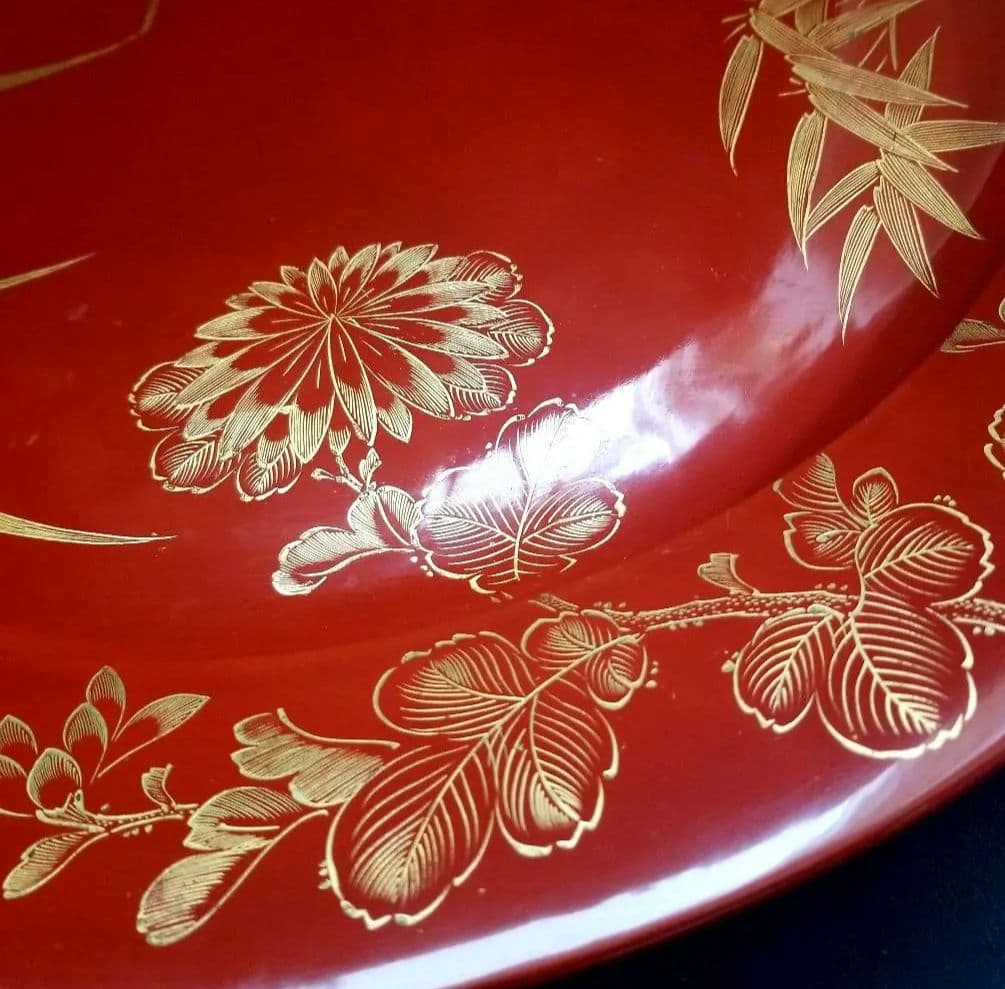 輪島塗 沈金 朱塗り 松竹梅 四季花 大皿 美術品 飾皿 約48cm1尺6寸