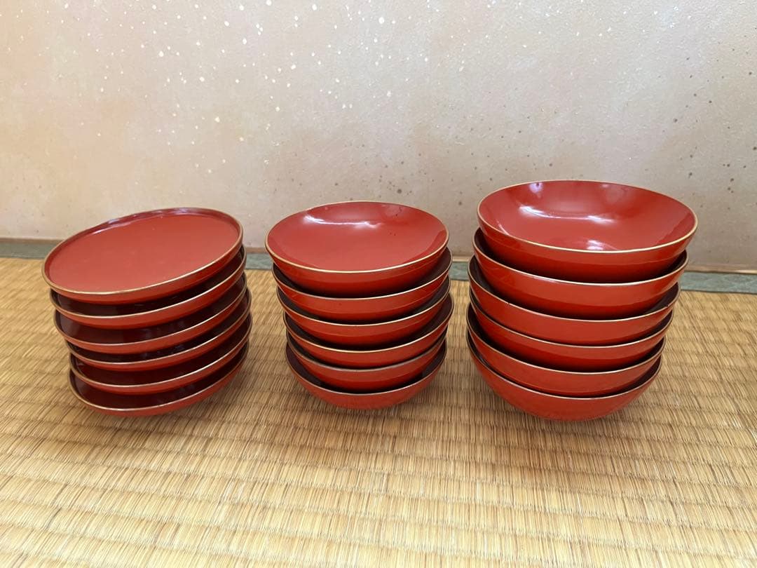 蔵出し 朱塗りのお膳6セットとその他　大量まとめセット！　レトロ品　漆器食器