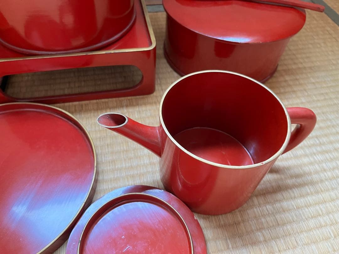 蔵出し 朱塗りのお膳6セットとその他　大量まとめセット！　レトロ品　漆器食器