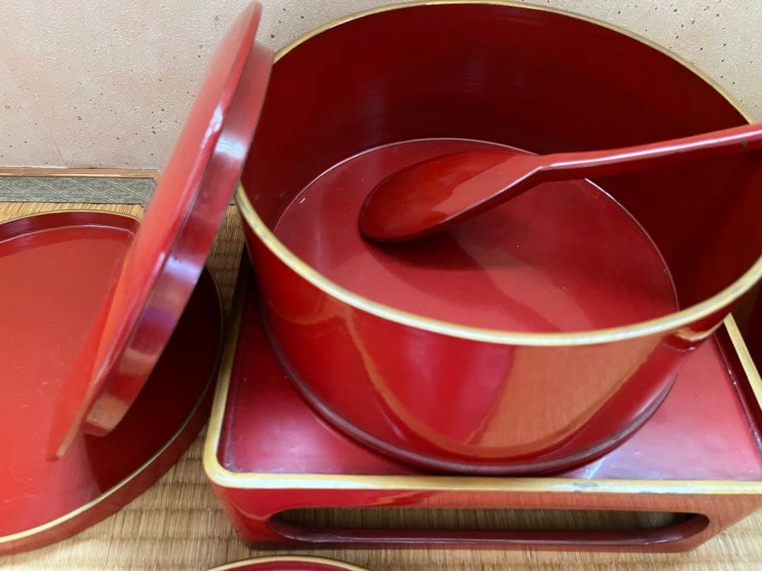 蔵出し 朱塗りのお膳6セットとその他　大量まとめセット！　レトロ品　漆器食器