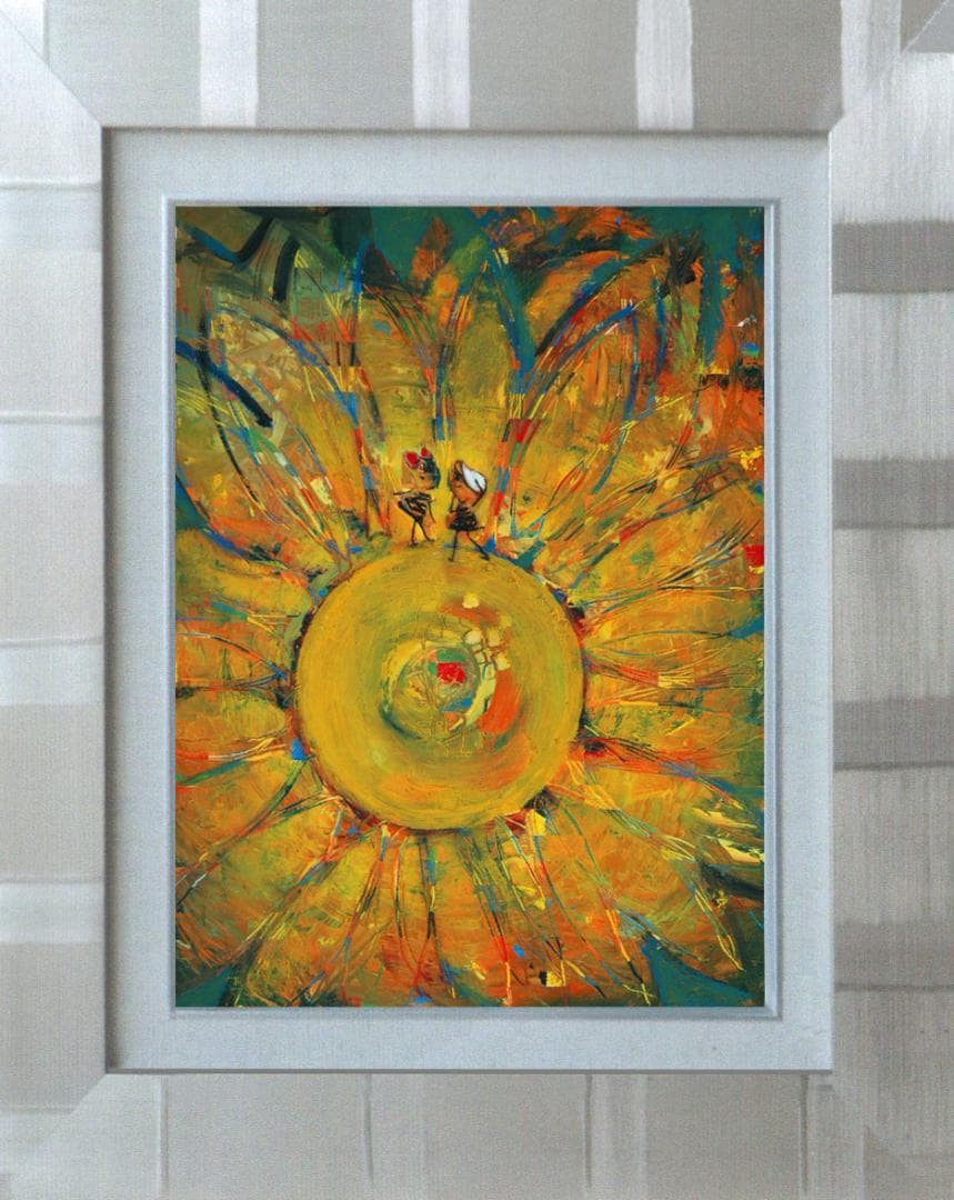 油絵 菅家令子絵 絵画インテリア額付(青緑＋金色の枠)F4-051120ひまわり