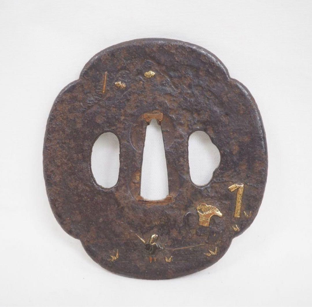 送料無料　江戸時代　無銘鐔/鍔　牛飼いの牧童図象嵌