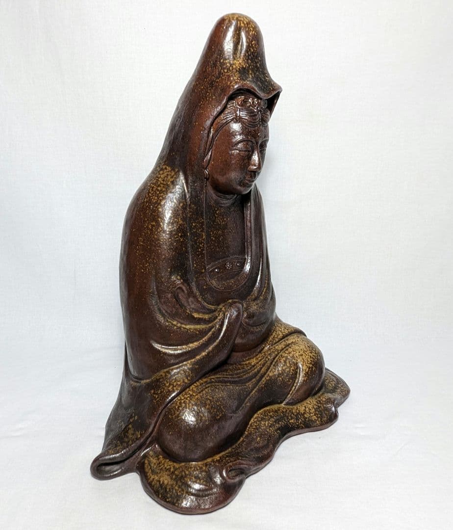 備前焼 観音菩薩座像 仏像 置物 仏教 陶像 インテリア 細工物 久本浩一？