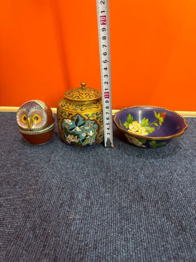 1852   七宝焼　景泰藍　碗1客　茶入1客　フクロウ1客