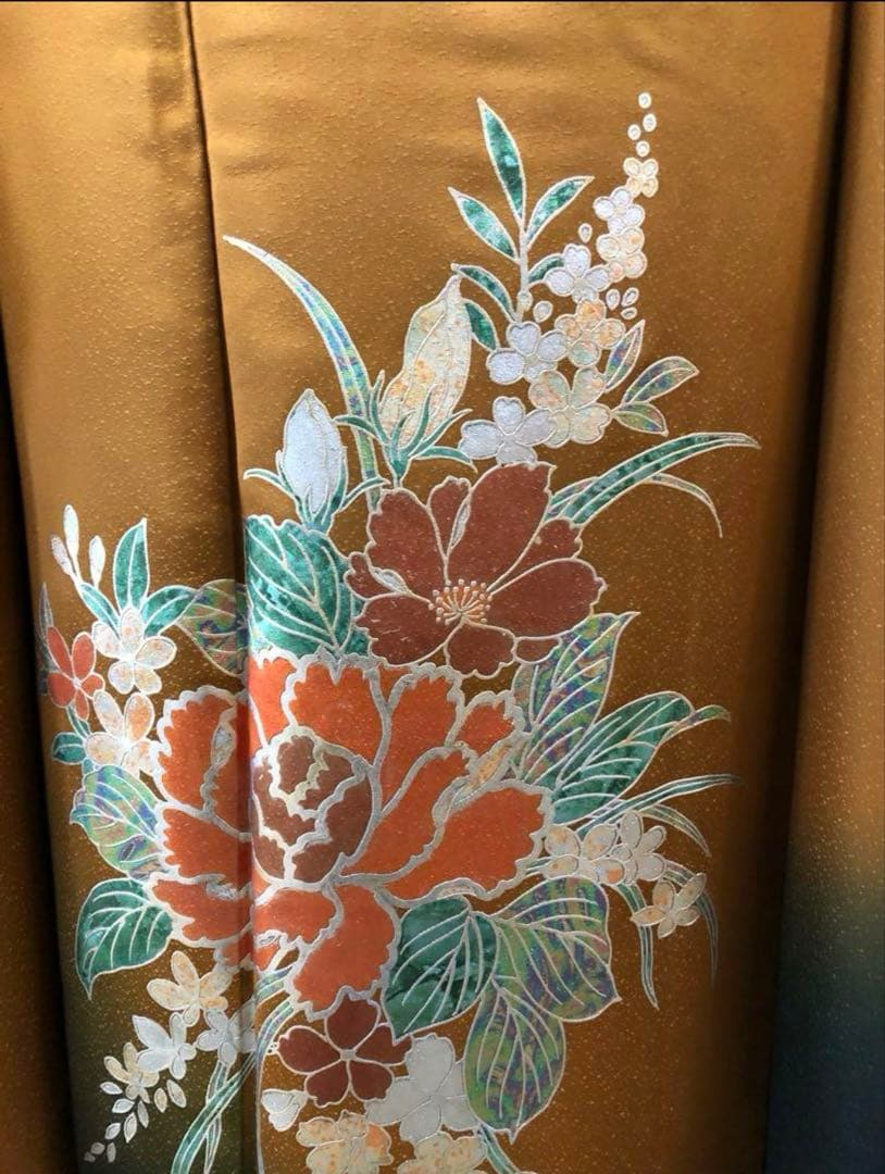 ☆極美品☆振袖フルセット 正絹　シンプル　レトロ　袋帯　黒　からし色