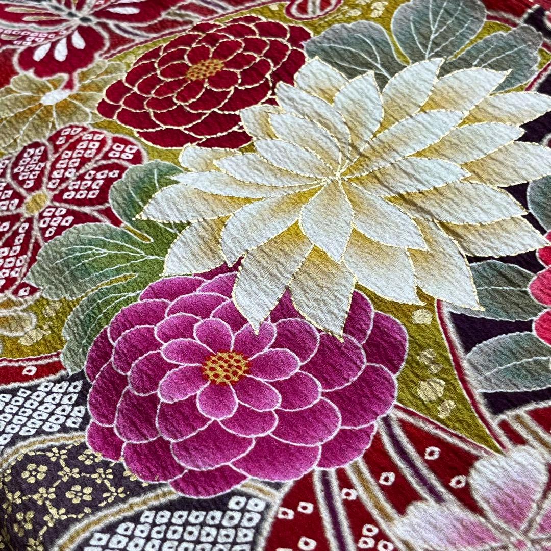 振袖　振り袖　成人式　フルセット　正絹　赤茶　赤　茶　絞り　牡丹　蝶　桜　花柄